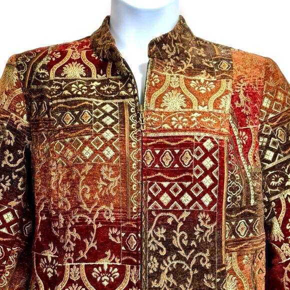Textured Tapestry Jacquard Blazer Jacket 1X Chenille Zip Brown Indy Boho Baroque - Picture 9 of 11